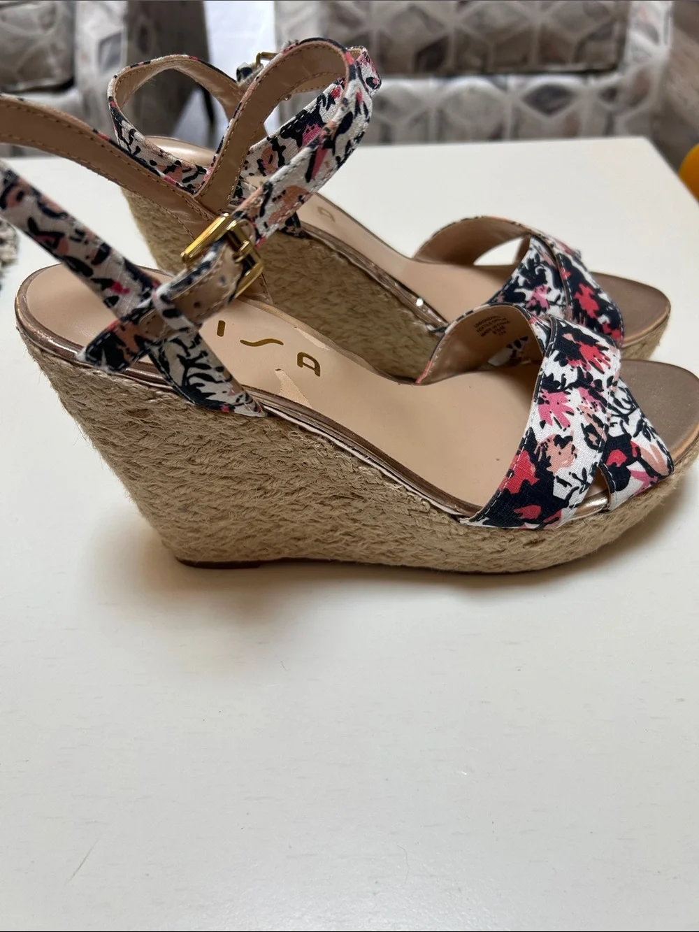 Unisa Floral Ankle-Strap Wedge Sandals in Pink, Black & Cream